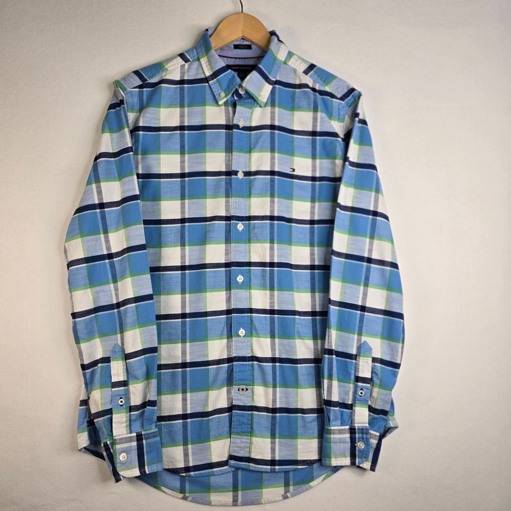 Tommy Hilfiger Mens Medium Stretch Plaid Button Down Shirt Blue Green L/S